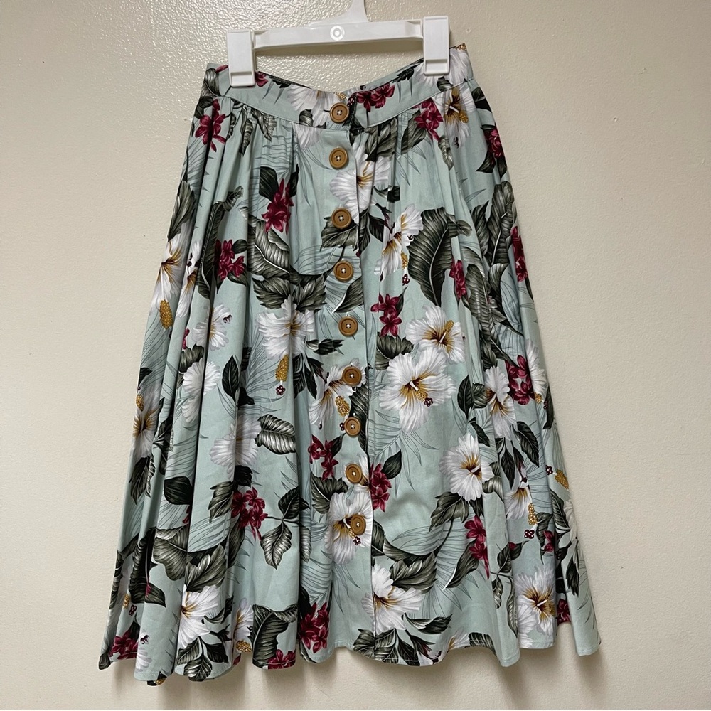 Hawaiian Floral Midi Skirt A-Line Hell Bunny Hibiscus Print Pockets XS 50s Retro